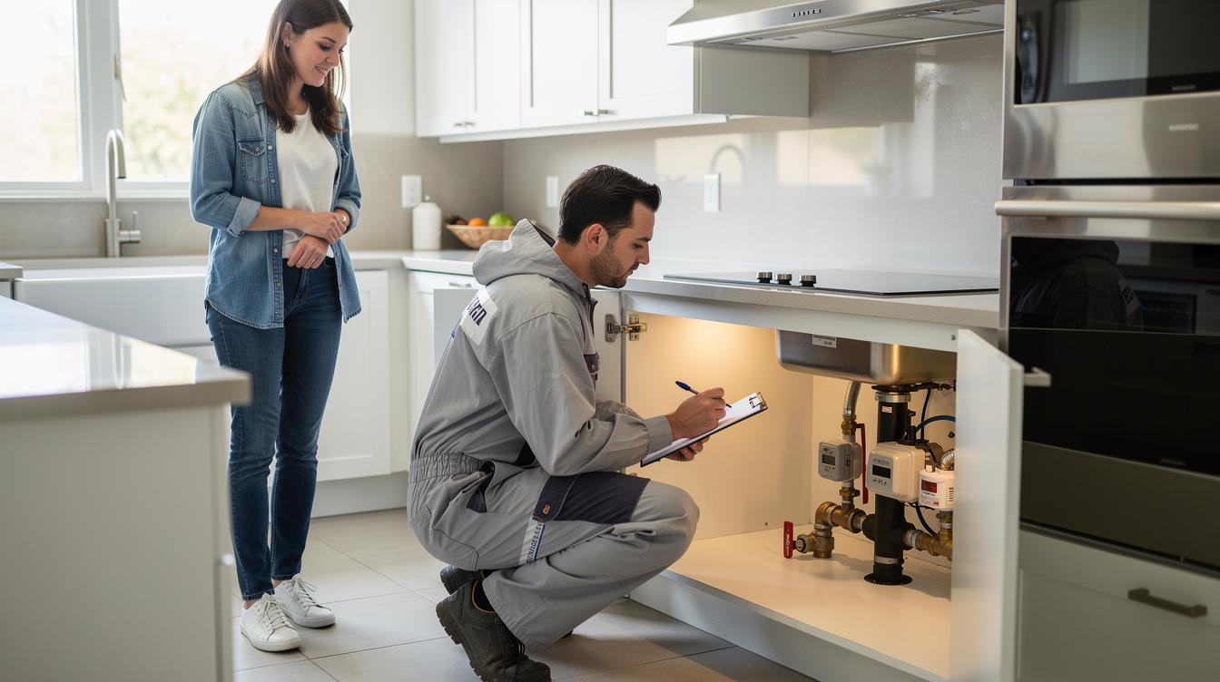Un technicien en combinaison inspecte minutieusement une cuisine moderne, bloc-notes en main, examinant sous l'évier où sont installés des dispositifs de sécurité, tandis qu'une propriétaire, rassurée, écoute les explications à côté de lui.