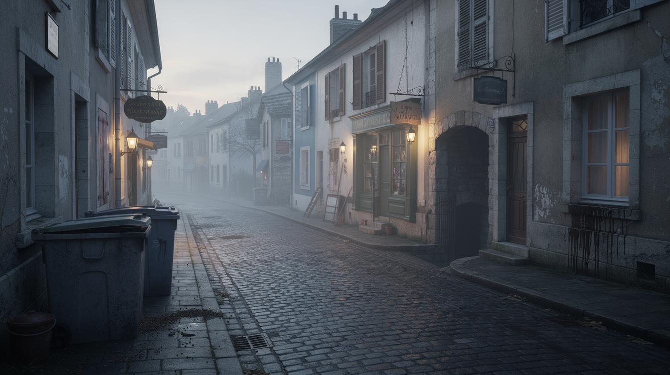 Vue réaliste d'une vieille rue de Sèvres au petit matin, avec des pavillons anciens et de petites enseignes artisanales ; des traces de rongeurs visibles près des poubelles en pierre et l'entrée sombre d'une cave.