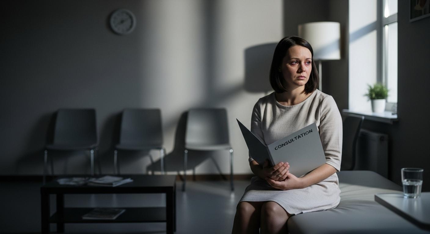 Une femme assise sur un lit médical, l'air abattue, un dossier de consultation à la main, le regard perdu, avec autour d'elle une atmosphère de salle d'attente vide et un éclairage doux qui accentue l'ambiance d'incertitude après une fausse couche.