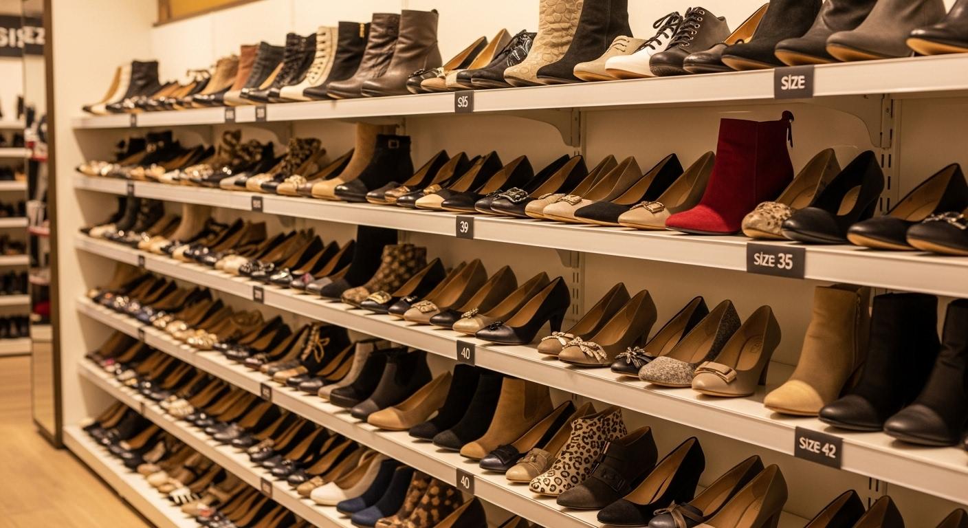 Un rayon de magasin de chaussures pour femmes où les tailles 38, 39 et 40 sont abondantes, tandis que les étagères pour les pointures 35 et 42 sont presque vides, illustrant la difficulté à trouver des tailles extrêmes.