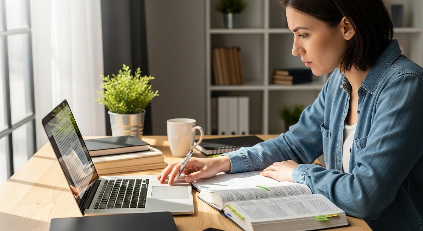 Une personne devant un ordinateur portable, relisant attentivement un texte affiché à l'écran, entourée de feuilles annotées et d'un dictionnaire ouvert, dans un environnement de travail lumineux et ordonné.
