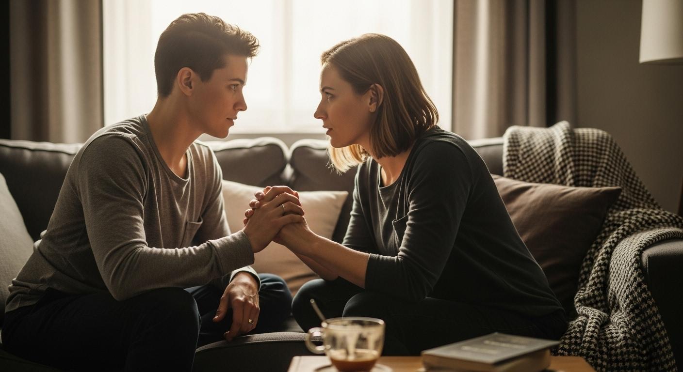Deux partenaires assis sur un canapé, l’un tenant doucement la main de l’autre, tous deux plongés dans une conversation sérieuse, atmosphère intime et concentrée, lumière douce d’une fin de journée.