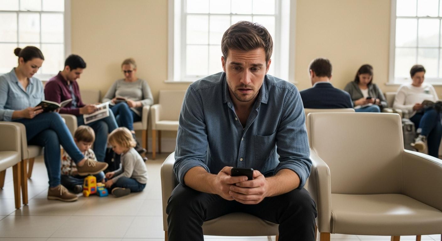 Un homme assis seul dans une salle d’attente lumineuse, regardant son téléphone avec une expression soucieuse, entouré de gens absorbés dans leurs propres activités.
