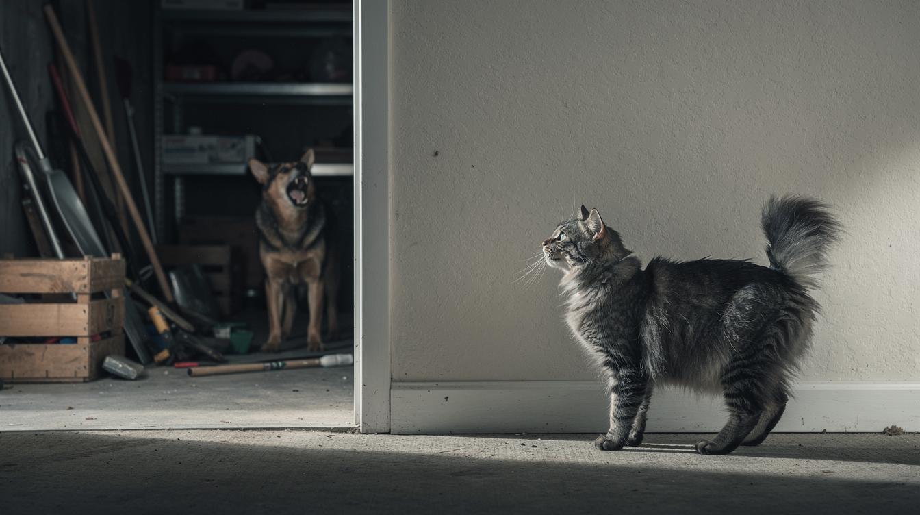 Un chat au pelage hérissé, posté à côté d'une plinthe, observe intensément un point du mur tandis qu'un chien aboie dans une remise sombre jonchée d'outils et de caisses, l'ambiance est tendue et silencieuse.