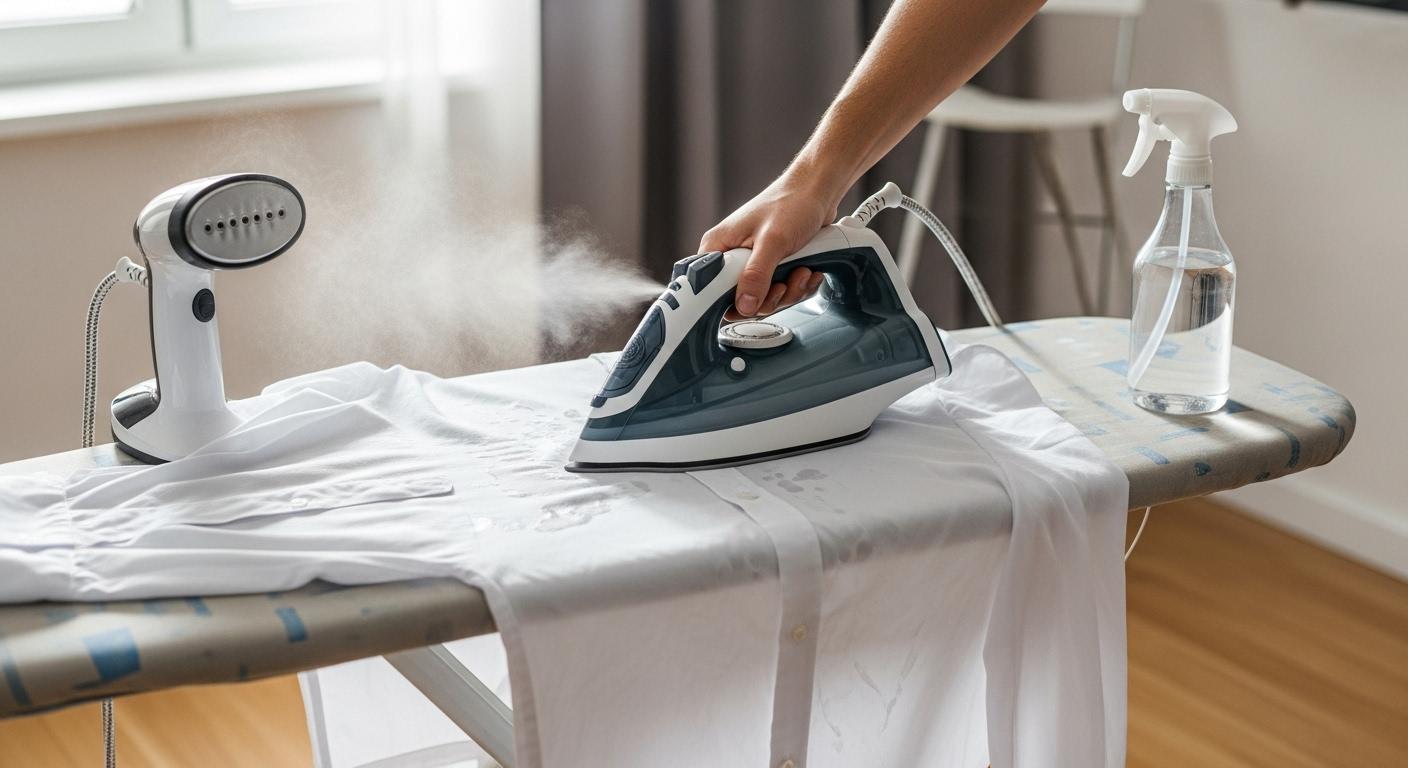 Sur une planche à repasser installée dans une pièce lumineuse, une chemise blanche légèrement humide est soigneusement repassée à l’aide d’un fer moderne, avec à côté un défroisseur vapeur prêt à l’emploi et un vaporisateur d’eau, créant une scène de préparation efficace avant une journée chargée.