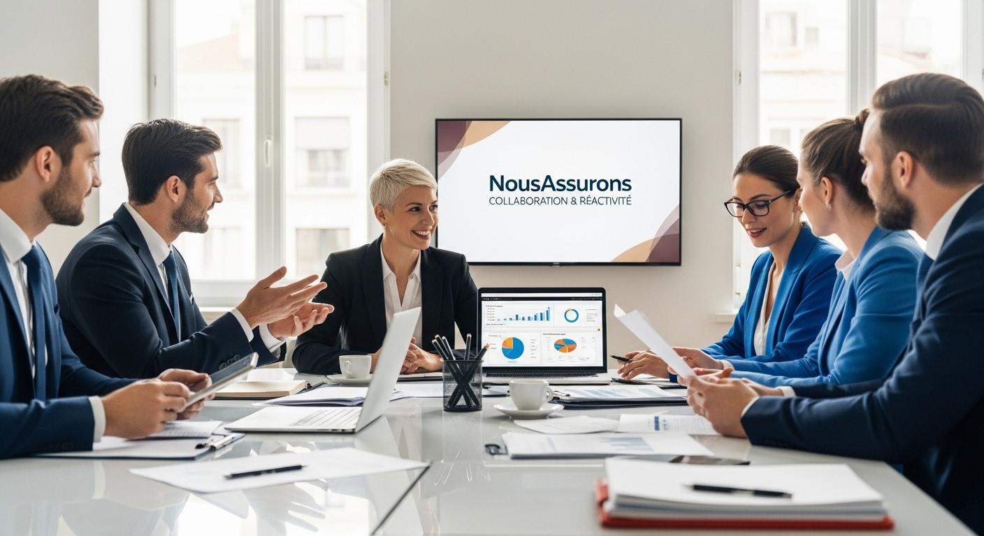 Une réunion d’équipe dans un bureau lumineux, des courtiers en costume discutent autour d’une table, des documents et des ordinateurs portables devant eux, illustrant la collaboration et la réactivité du réseau NousAssurons.
