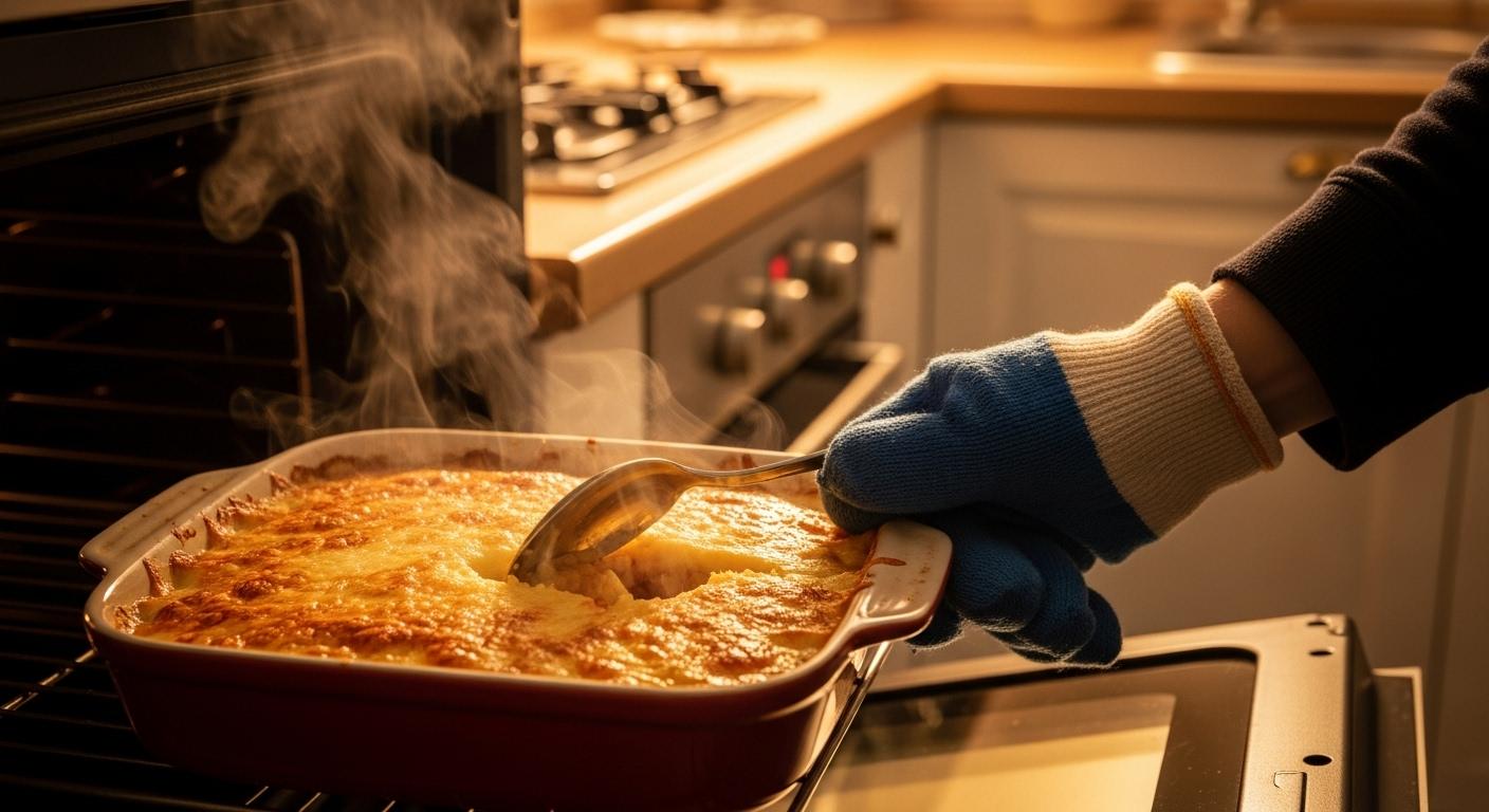 Une main gantée retire un plat gratiné du four, la croûte dorée se fissure sous la cuillère, la vapeur s’élève et illumine la cuisine familiale.