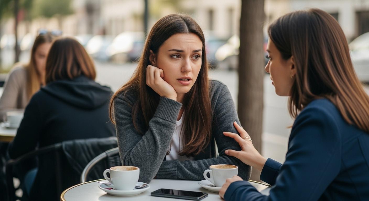 Deux amies assises à une terrasse de café, l’une écoute l’autre qui exprime sa tristesse, un téléphone posé sur la table, ambiance de soutien et de réconfort.