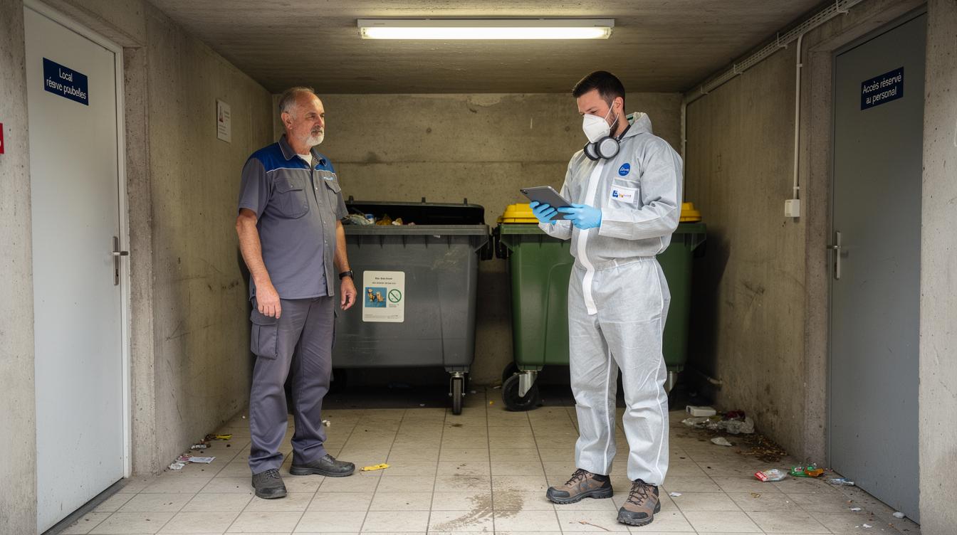 Un technicien en tenue de dératisation examine avec sérieux un local poubelle d’immeuble à Houilles, muni d’une tablette pour le diagnostic, sous le regard soulagé d’un commerçant local.