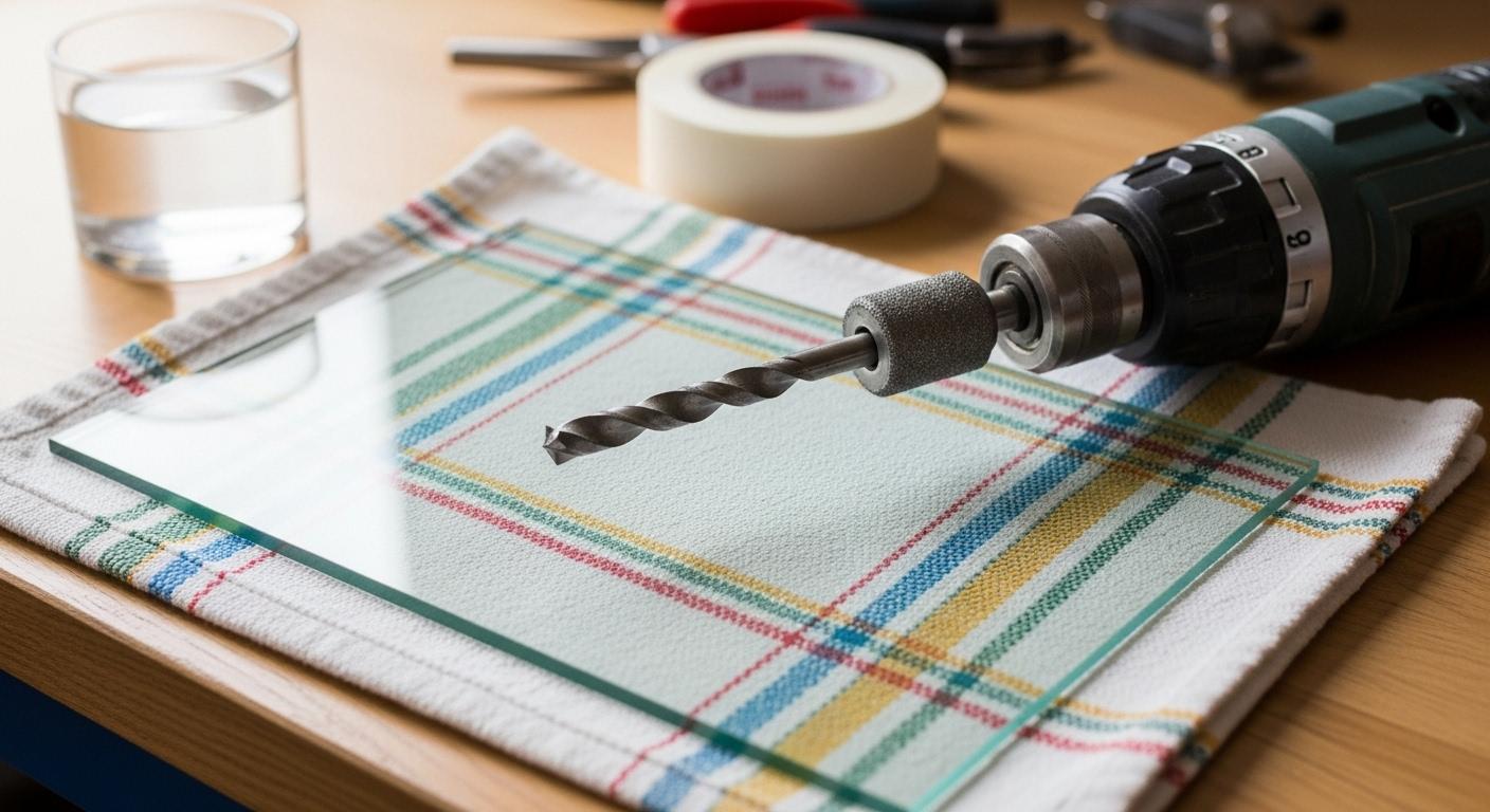 Un plan de travail bien éclairé avec une plaque de verre posée sur un vieux torchon, des outils soigneusement disposés à côté, notamment une perceuse équipée d’un foret diamant, un ruban de masquage prêt à l’emploi, et un petit récipient d’eau à portée de main.