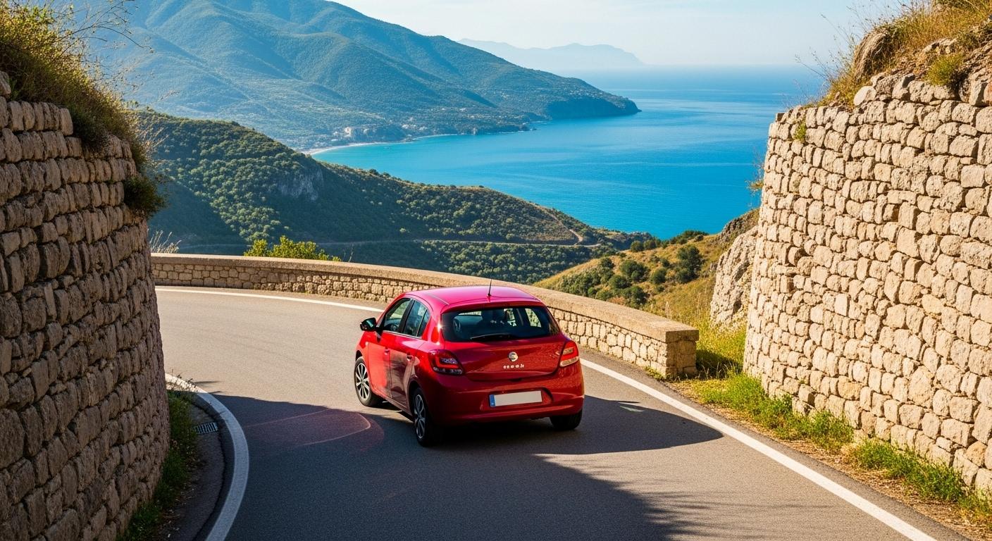 Une petite voiture citadine rouge serpente lentement sur une route de montagne sinueuse, encadrée de murets de pierres sèches, avec la mer turquoise en contrebas et les montagnes verdoyantes de Sicile à l’horizon.