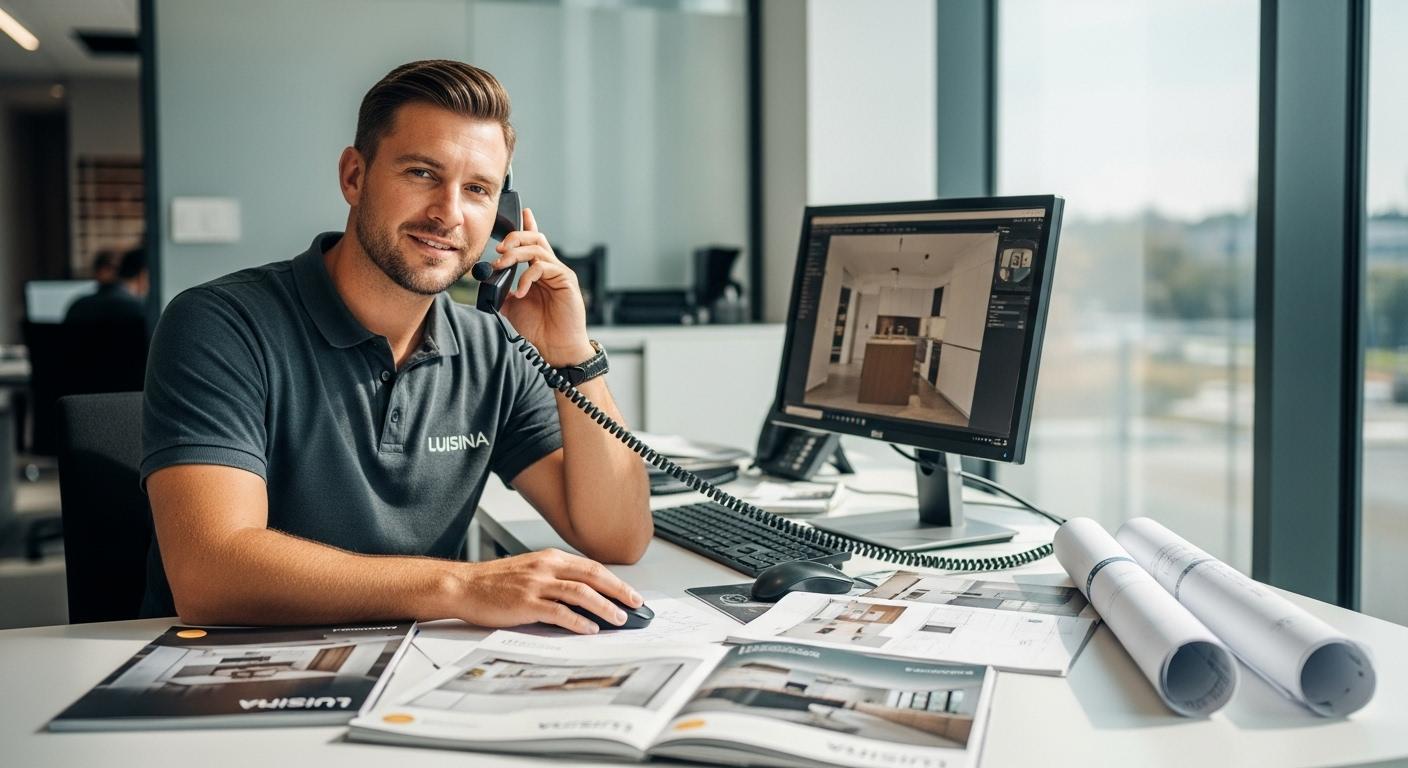 Un technicien du service client Luisina répond au téléphone depuis un bureau lumineux, entouré de catalogues et de plans de cuisines modernes.
