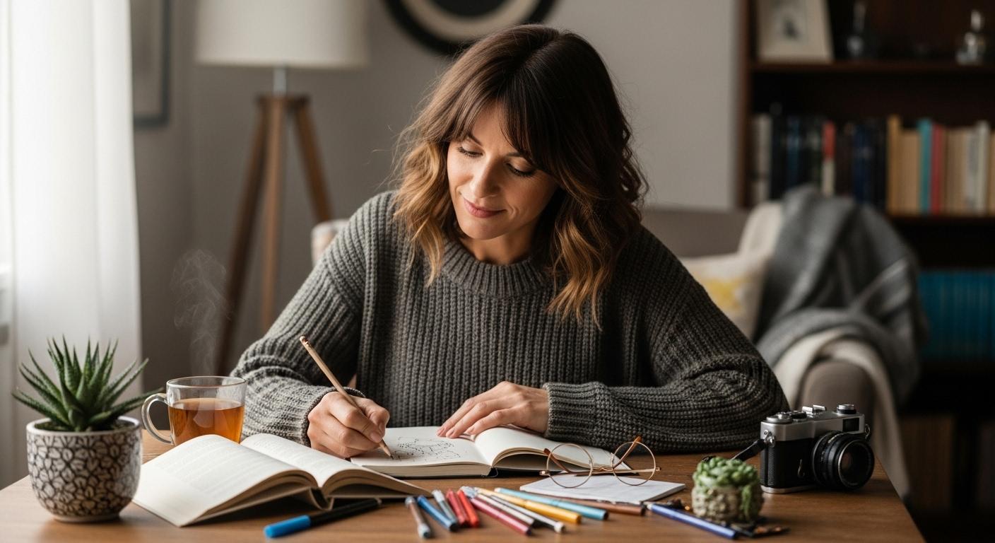 Une femme assise à une table, concentrée sur un carnet de dessin ou un livre, entourée d’objets personnels qui évoquent ses passions, la lumière est douce et l’atmosphère apaisante, symbolisant le recentrage sur soi pendant l’attente.