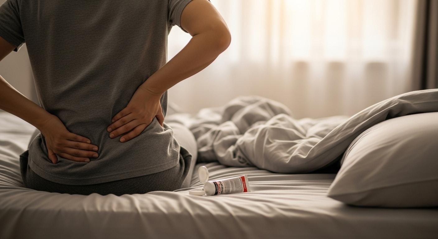 Une personne assise sur le bord d'un lit se masse le bas du dos avec la main, un tube de baume ouvert posé à côté, tandis qu'une lumière douce éclaire une chambre à l'aube.