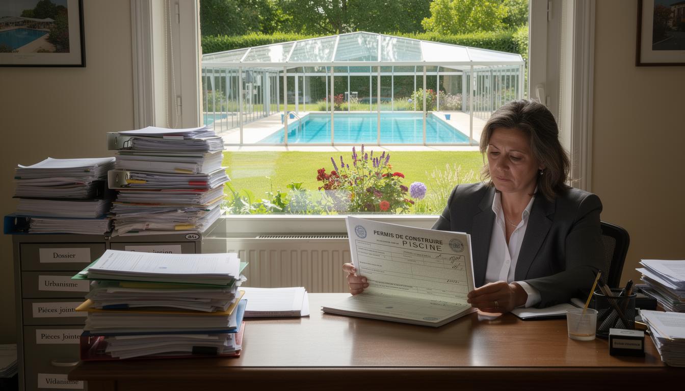 Un agent en mairie examine un dossier de permis de construire piscine