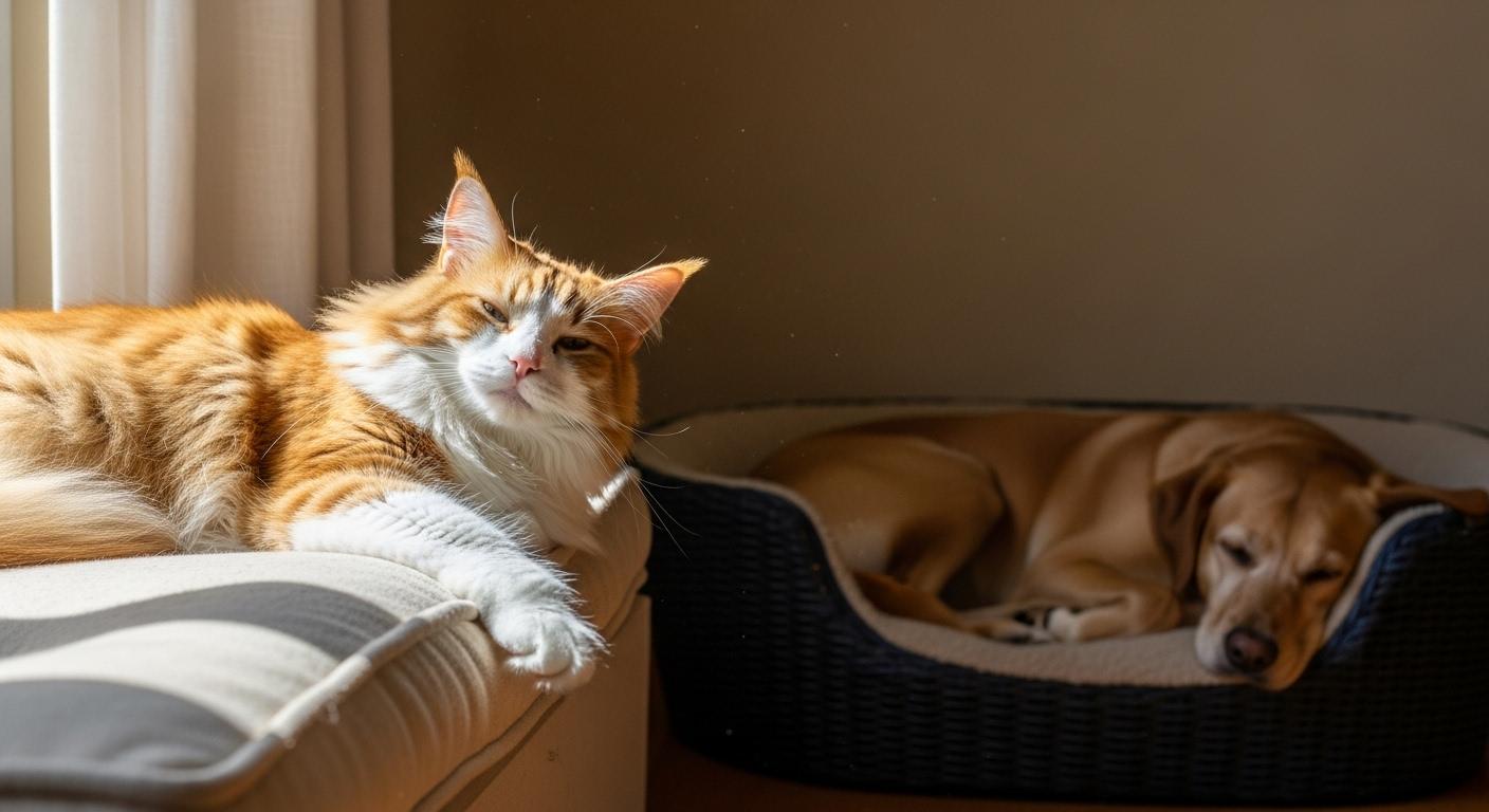 Un chat allongé sur un coussin près d'une fenêtre ensoleillée, yeux mi-clos et poil chauffé par la lumière, pendant qu'un chien dort paisiblement dans un panier moelleux posé dans un coin calme de la pièce, tous deux incarnant la sérénité domestique.