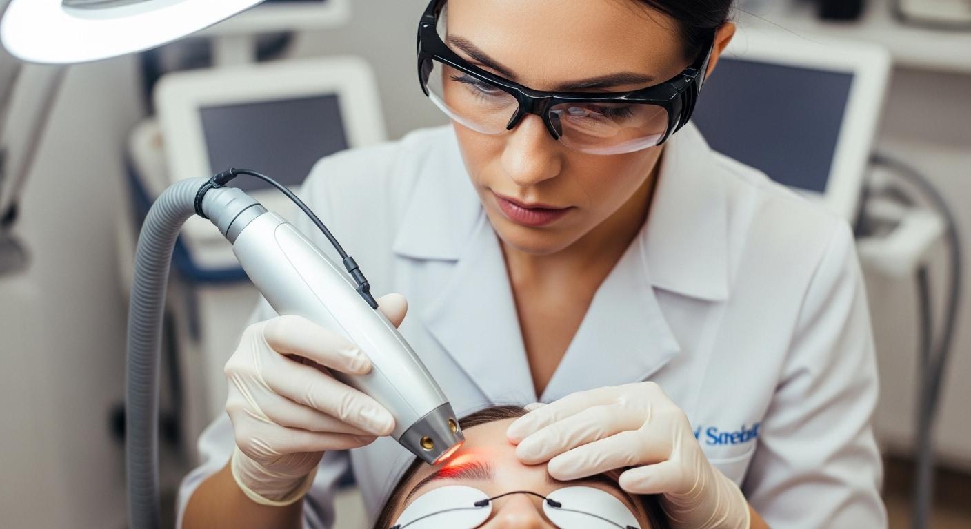 Gros plan sur une technicienne en blouse blanche utilisant un appareil laser spécialisé sur les sourcils d’une patiente, avec une expression concentrée et des équipements de sécurité visibles.