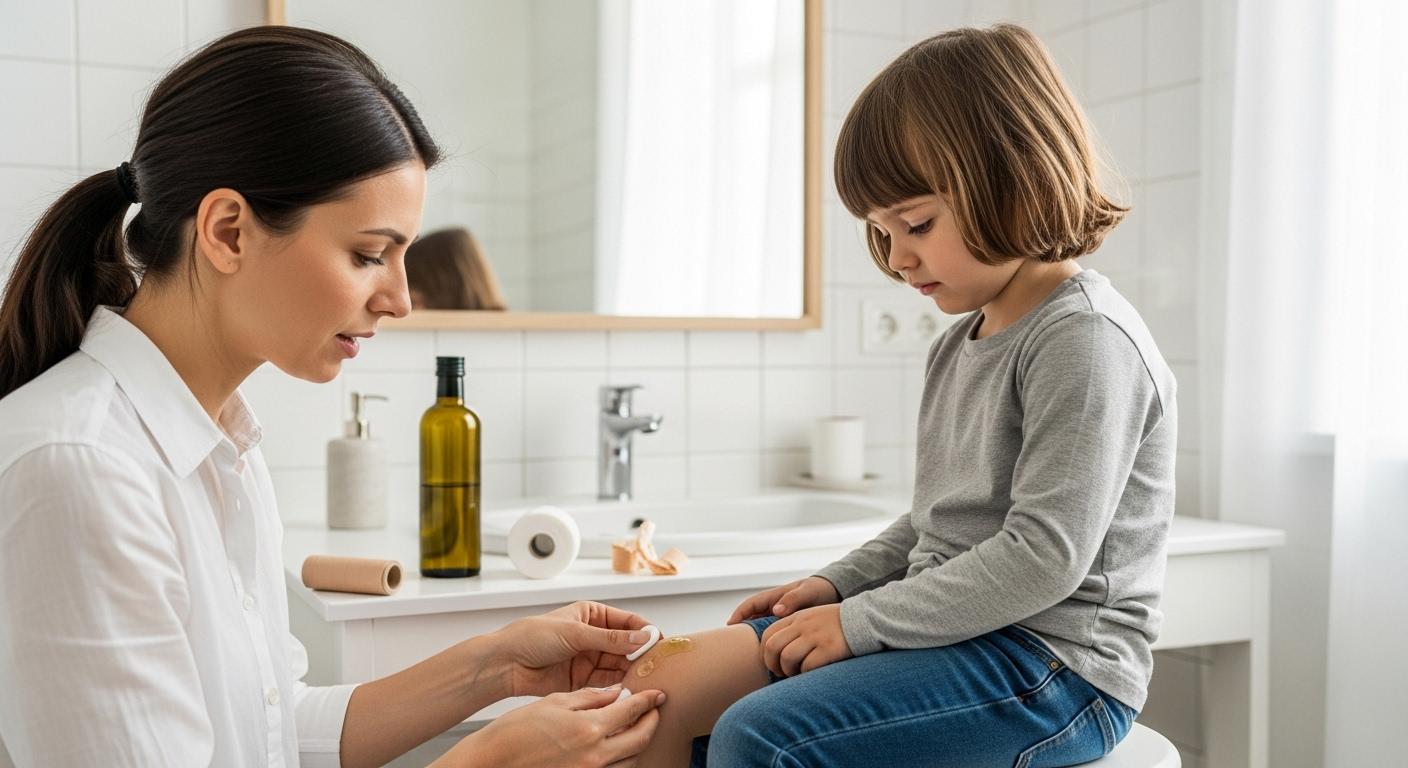 Une mère applique doucement un coton imbibé d'huile d'olive sur le genou d'un enfant, concentrée sur une petite zone collante laissée par un pansement, dans une salle de bain lumineuse.