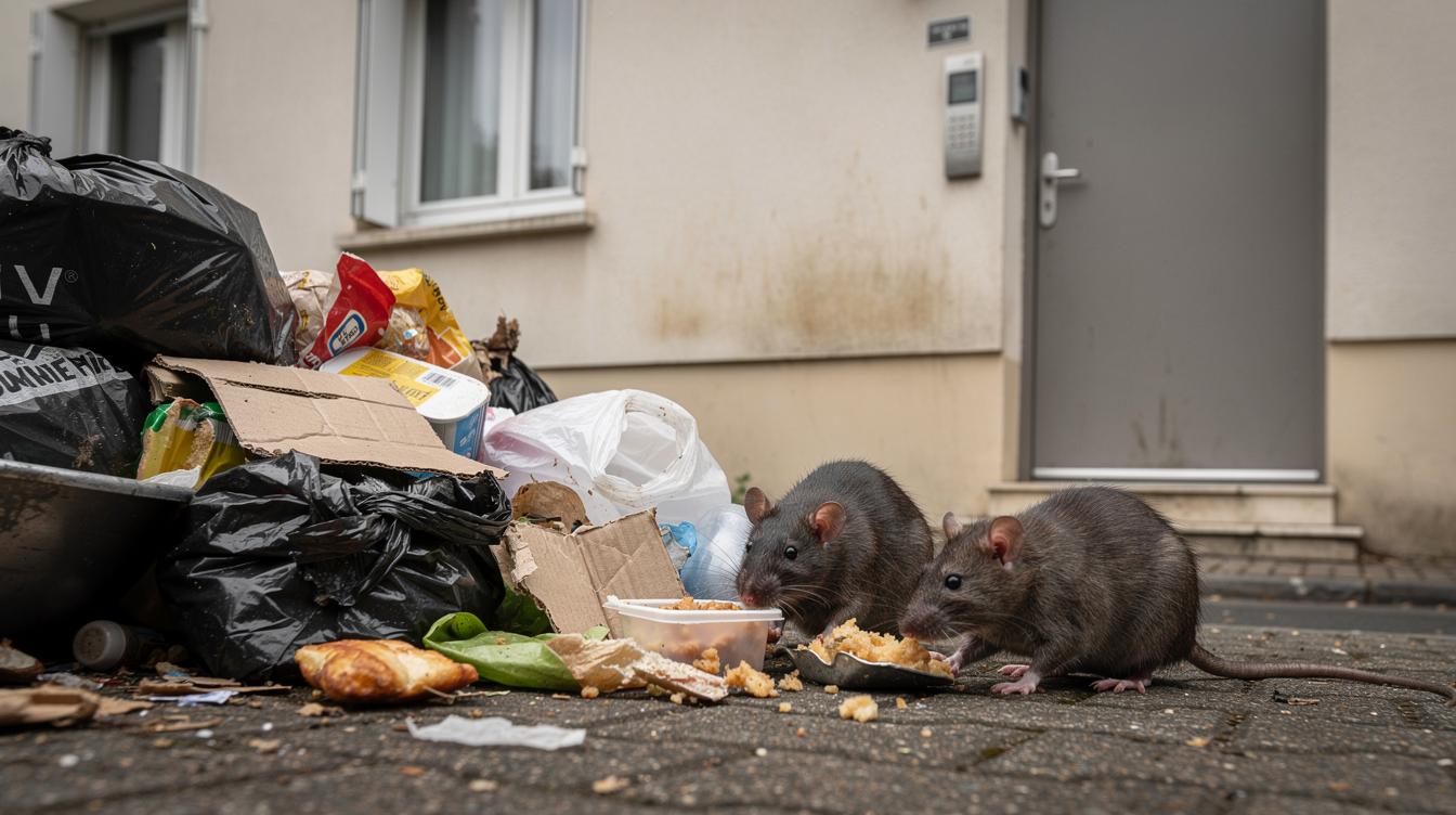 Un tas d'ordures renversé près de la porte d'un immeuble résidentiel à Rambouillet, avec deux rats fouillant dans les déchets et une porte close en arrière-plan