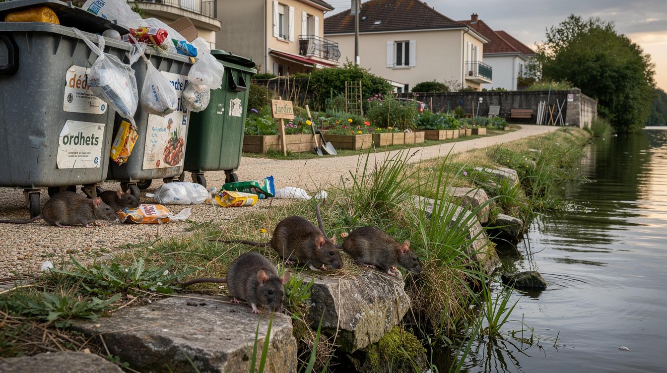 Sur la berge de l'Oise à L'Isle-Adam, des rats s'activent discrètement entre les hautes herbes et les rochers, cherchant des restes alimentaires près de conteneurs débordants et de jardins résidentiels en bordure.