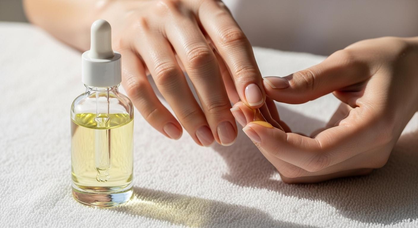 Un flacon d’huile nourrissante posé à côté de mains féminines, les ongles nus et soignés, en train de masser doucement les cuticules sur une serviette blanche, lumière naturelle douce.