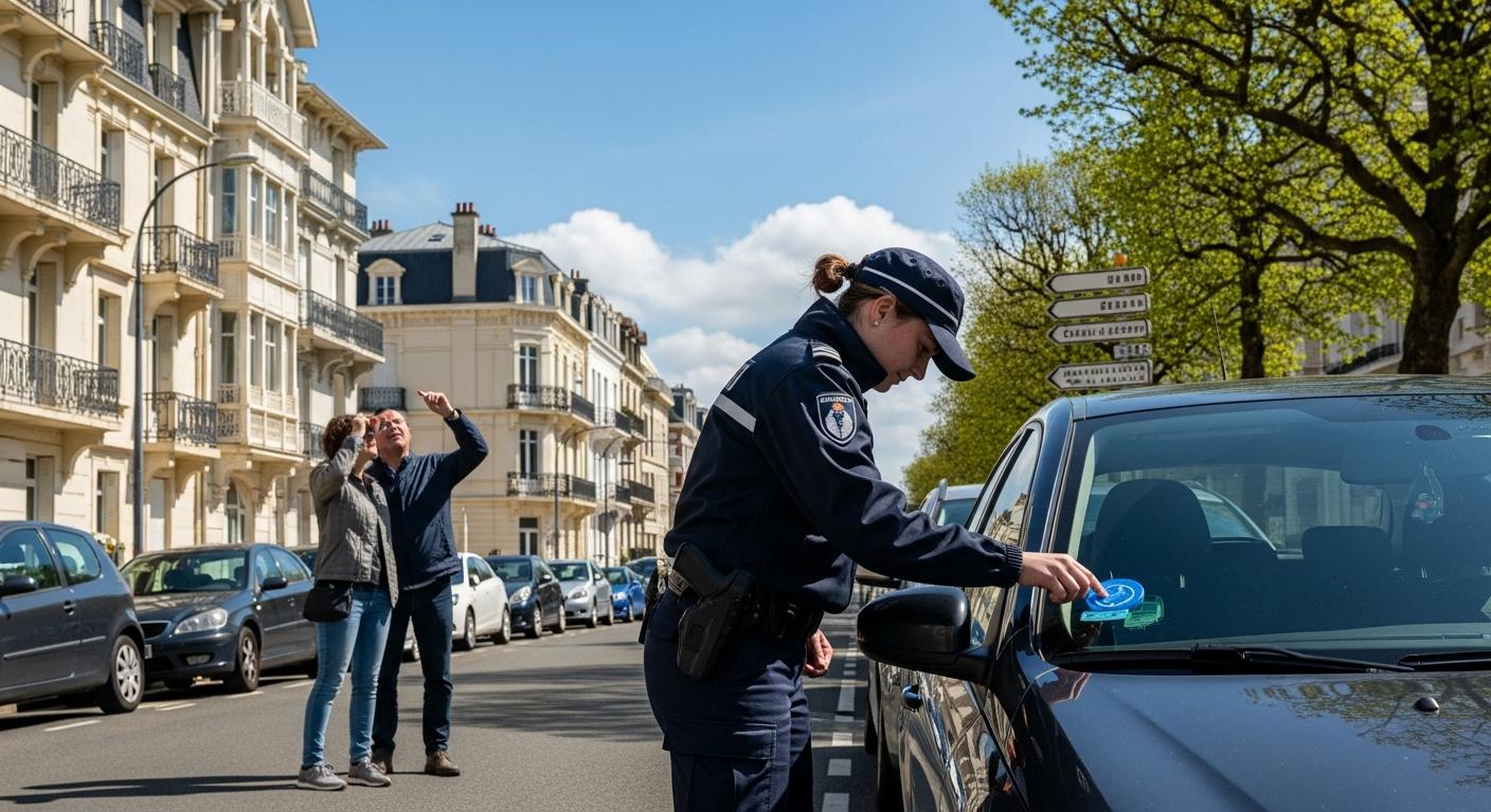 Un agent municipal contrôle les voitures stationnées dans une rue du Touquet, vérifiant les disques bleus sur les tableaux de bord, sous un ciel clair, tandis que des automobilistes consultent la signalisation.