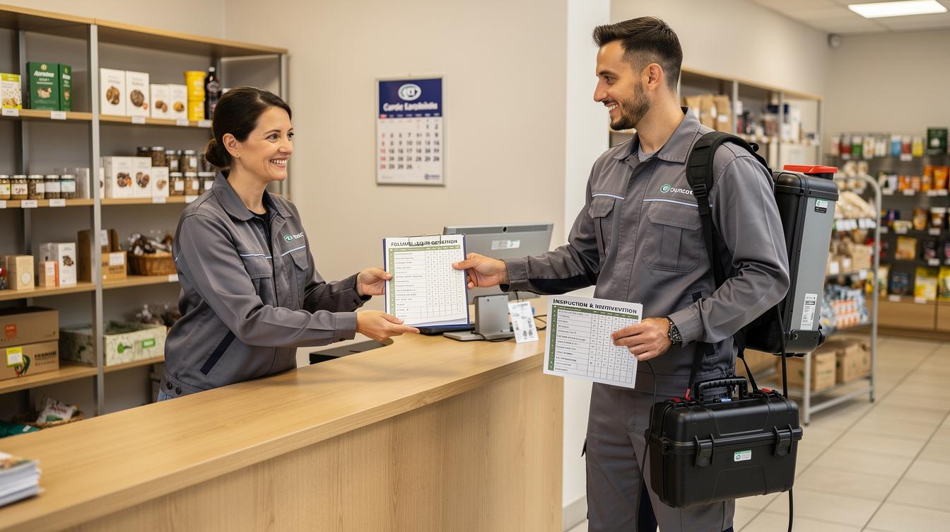 Un professionnel de la dératisation à Garches remet un carnet de suivi détaillé à un commerçant souriant dans une boutique propre, preuve d'un suivi rigoureux après intervention.