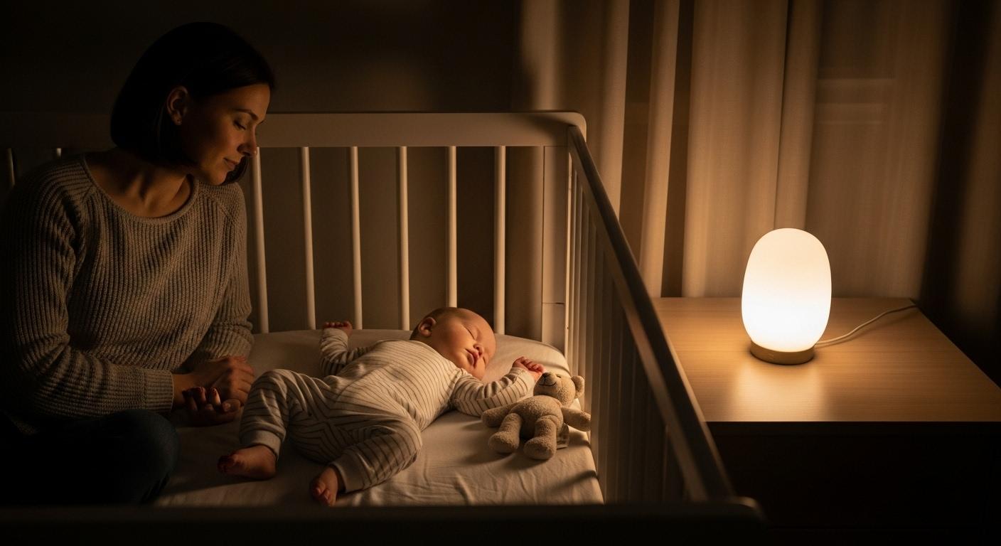 Un nourrisson dort dans son lit, agitant doucement les bras et les jambes dans la pénombre, avec un doudou à ses côtés, sous le regard apaisé d’un parent assis à côté du lit, une veilleuse diffusant une lumière douce et tamisée.