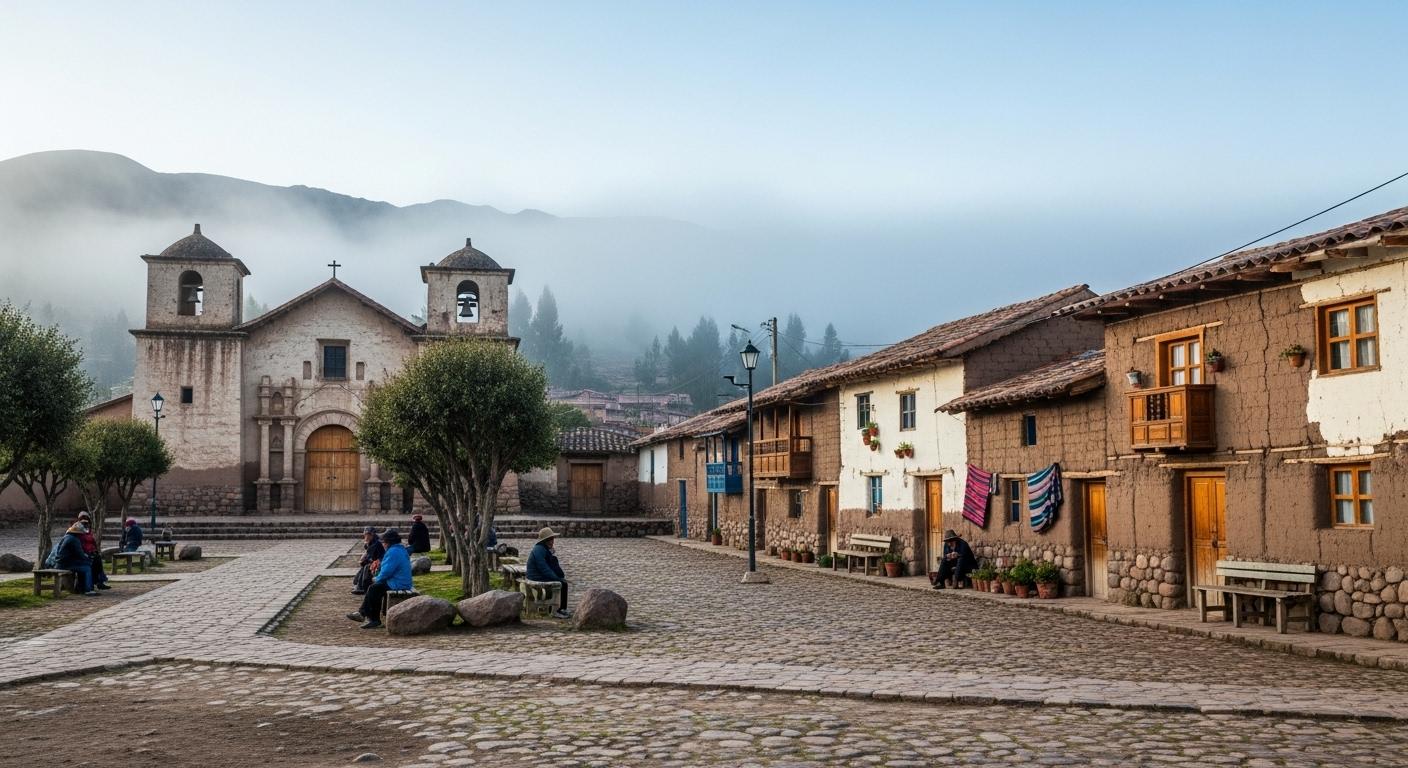 Place centrale du village andin, avec une église en adobe, des maisons en torchis et bois, quelques habitants assis sous les arbres, ambiance du matin frais et brumeux