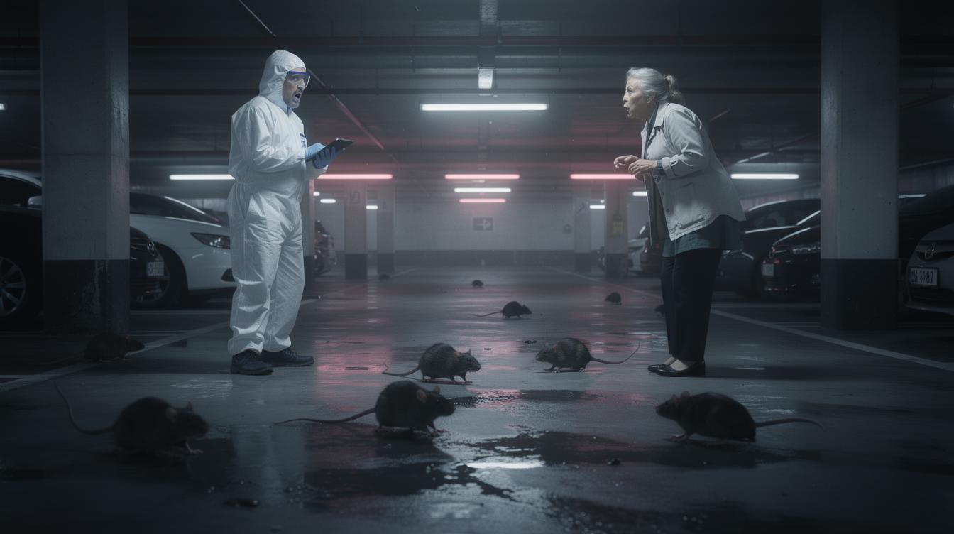 Un parking souterrain sombre, éclairé par des néons, où plusieurs rats traversent rapidement devant une femme d’une cinquantaine d’années accompagnée d’un expert en combinaison blanche, tous deux observant la scène d’un air stupéfait.