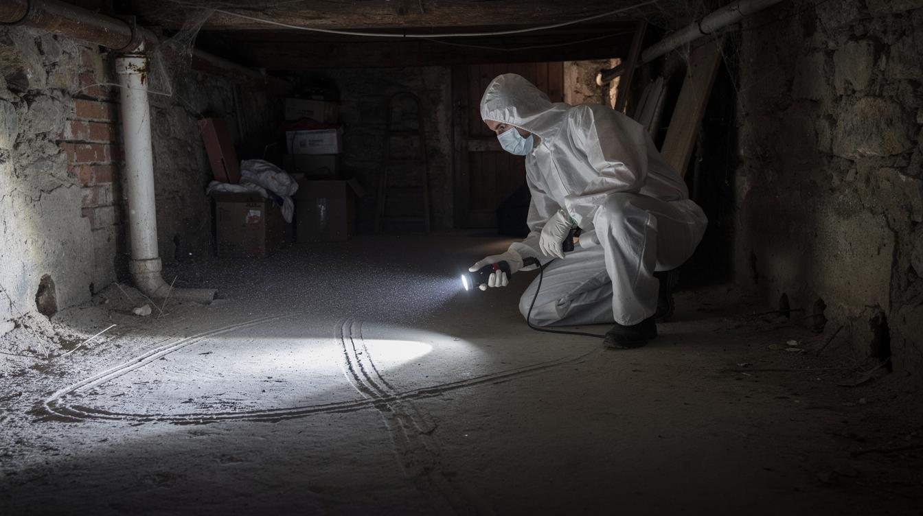 Un technicien en combinaison blanche inspecte minutieusement une cave sombre d'un immeuble ancien, lampe torche à la main, repérant des traces de passage dans la poussière et vérifiant les accès possibles des rongeurs.