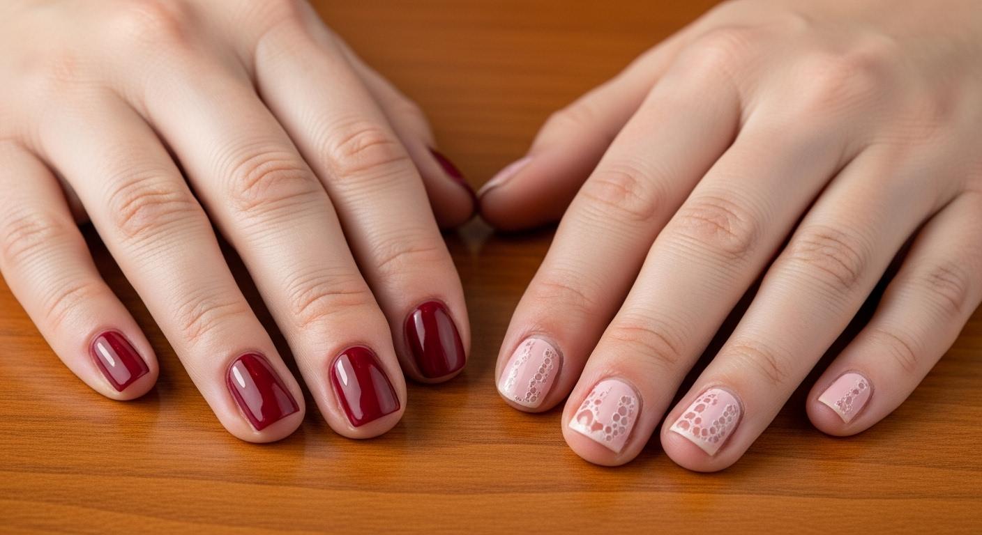 Deux mains posées sur une table, l'une avec une manucure semi-permanente impeccable, brillante et sans défaut, l'autre présentant des ongles écaillés et des traces de bulles sur le vernis.