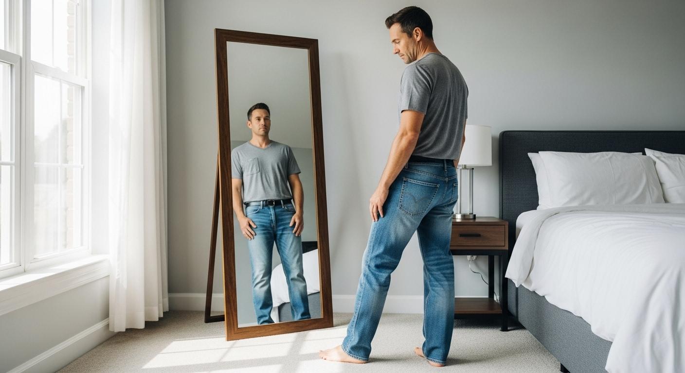 Un homme debout devant son miroir dans une chambre lumineuse, essayant deux jeans de coupes différentes pour observer l’effet sur sa silhouette.
