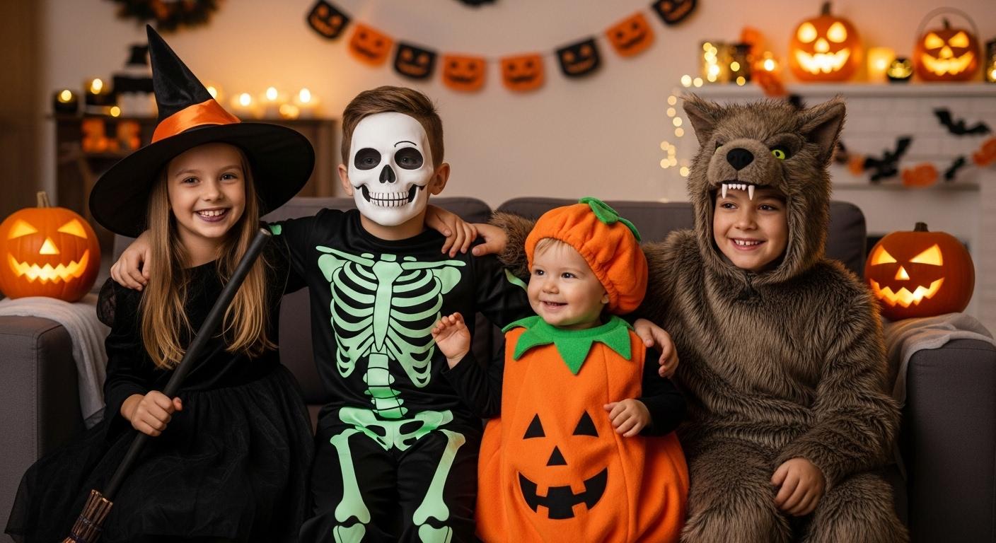 Groupe d'enfants déguisés pour Halloween, l'un en sorcière avec robe noire et chapeau pointu, un autre en squelette phosphorescent qui brille légèrement, un petit en costume de citrouille orange moelleux, et un autre en loup-garou, tous souriants et posant dans un salon décoré de guirlandes et de citrouilles.
