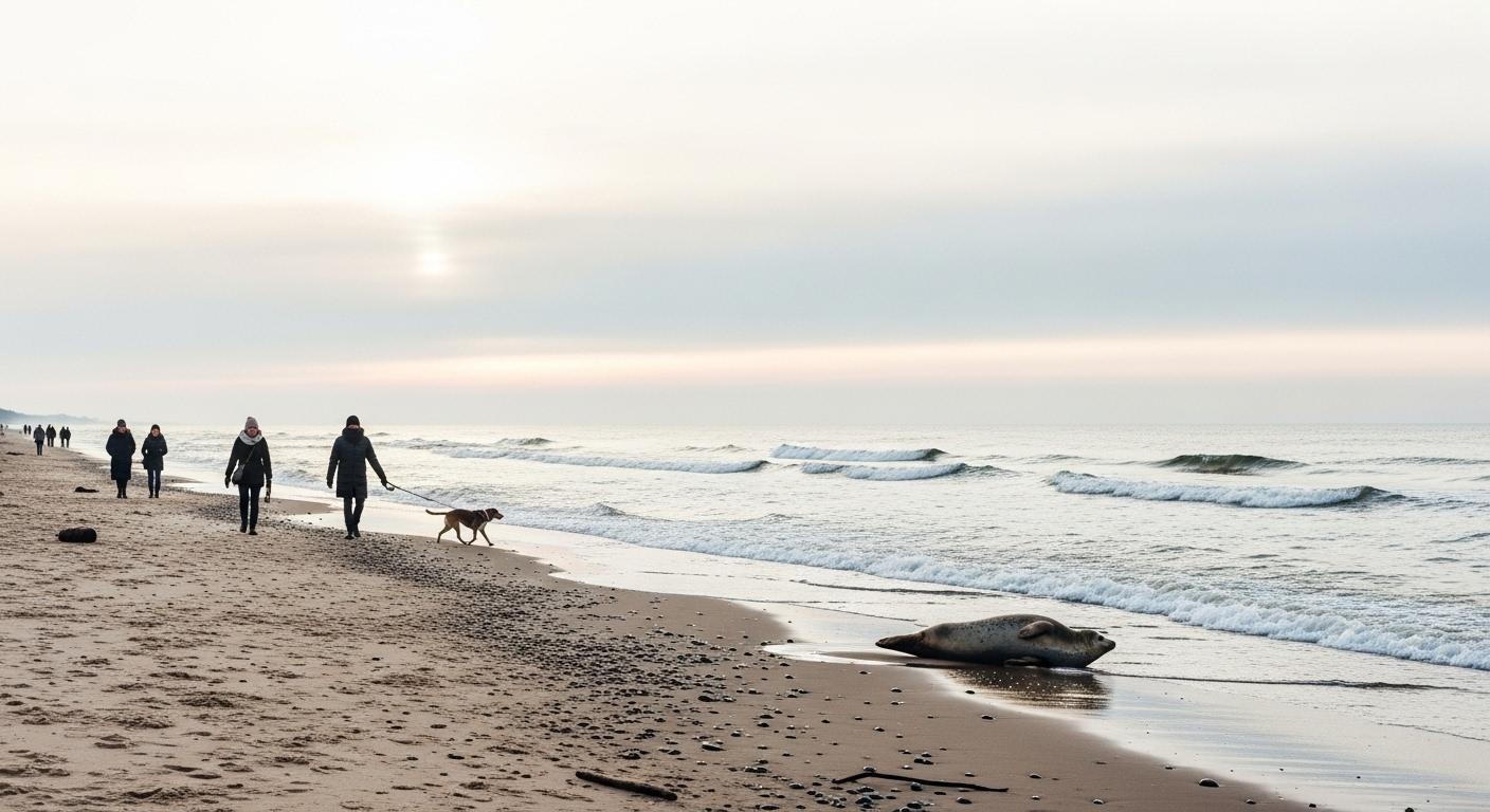 Plage d’hiver paisible avec un ciel pâle, quelques promeneurs emmitouflés et un phoque allongé sur le sable, la mer Baltique en toile de fond