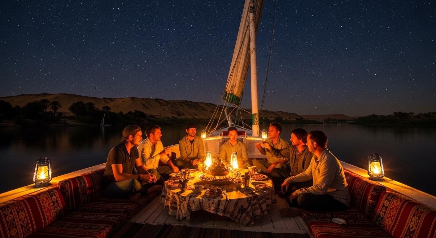 Un groupe de voyageurs dîne à la belle étoile sur le pont d’une felouque, lanternes allumées, plat traditionnel égyptien au centre, ciel étoilé et silhouettes du désert en toile de fond.