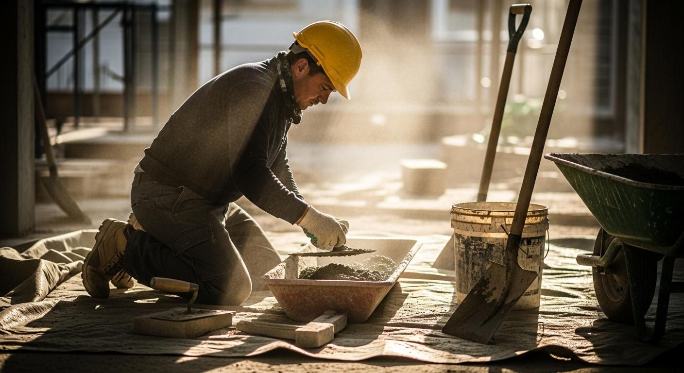 Un ouvrier de chantier, penché au sol, mélange du sable et du ciment dans une auge sur une bâche, sous un rayon de lumière matinale, entouré d’outils de maçonnerie.