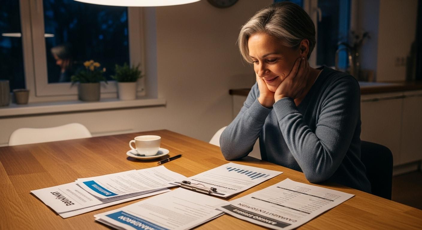 Un propriétaire assis à sa table de cuisine, examinant des documents bancaires et un tableau d’amortissement, avec un air soulagé en pensant à la diminution de ses mensualités après un remboursement anticipé.