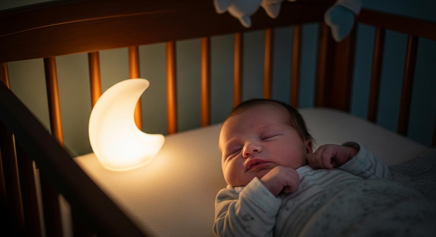 Un nourrisson dort dans un petit lit à barreaux, les poings serrés et le visage animé de petites mimiques pendant son sommeil, tandis que la lumière douce de la veilleuse éclaire la chambre paisible.