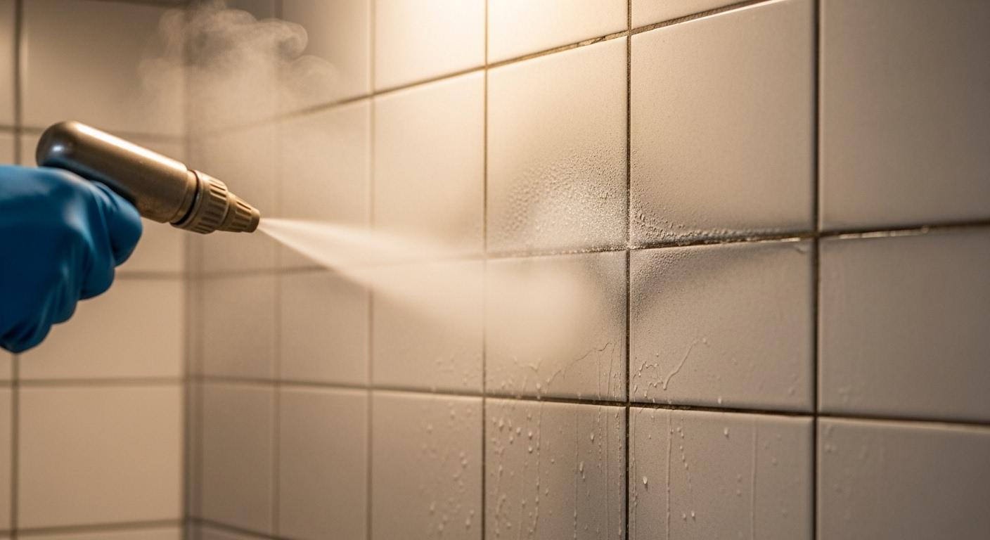 Un jet de vapeur s'échappant d'une buse nettoie un carrelage mural, les joints reprennent une couleur claire et la buée se forme sur la surface.