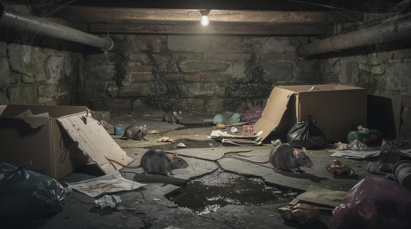 Une cave sombre et en désordre sous une maison ancienne, avec des rats et des souris courant près de cartons éventrés, des déchets visibles et un vieux mur humide.