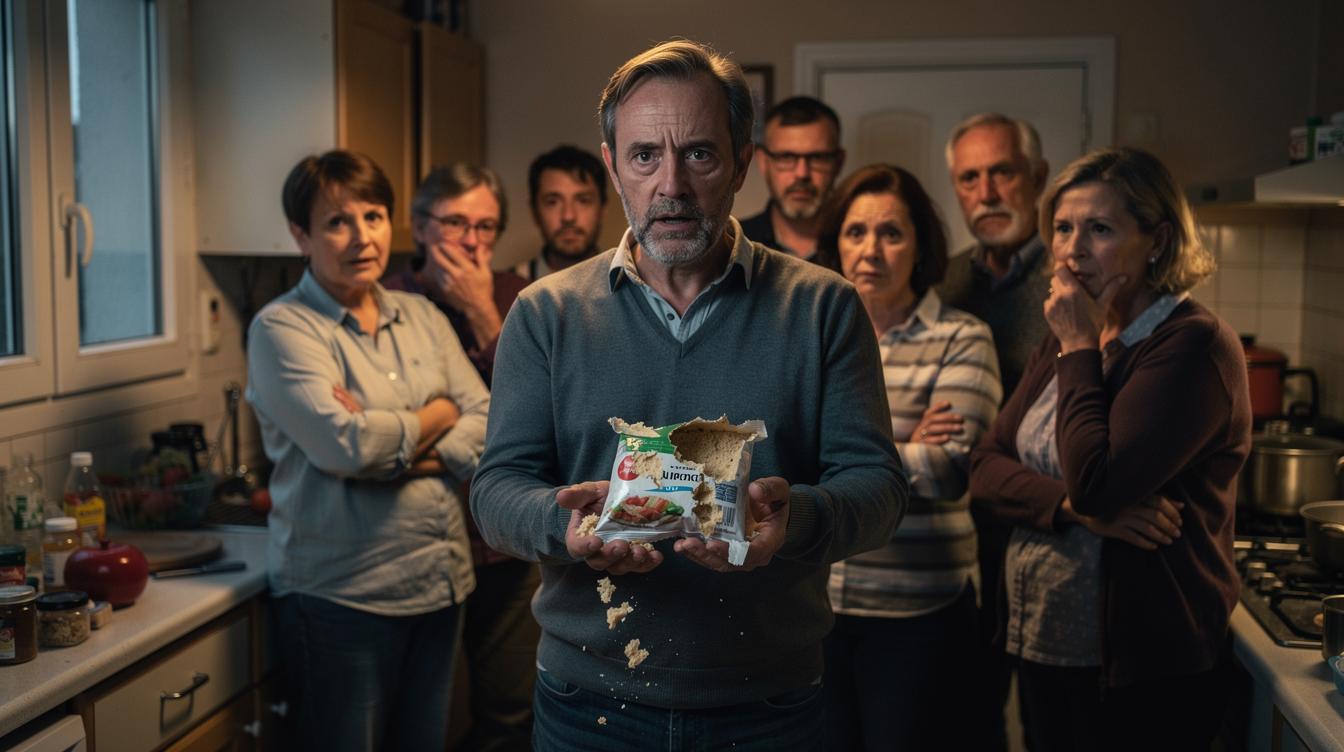 Un résident de Groslay tient dans sa cuisine un paquet de nourriture grignoté, entouré de voisins inquiets, scrutant l'intérieur de la pièce.