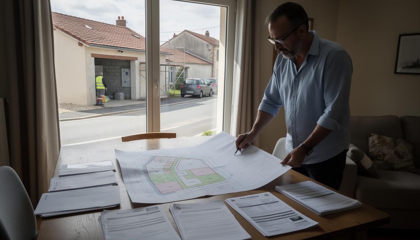 Un propriétaire examine des plans de garage sur une table