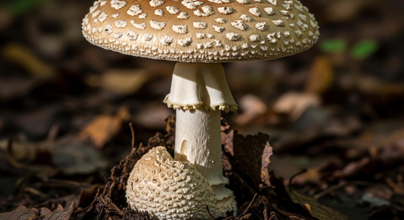 Gros plan sur un champignon Amarita simulans comestible, avec un chapeau beige à brun pâle couvert de plaques blanches, des lamelles blanches serrées, un pied épais avec un anneau fragile et une volve bien visible à la base, posé sur un tapis de feuilles humides en forêt.