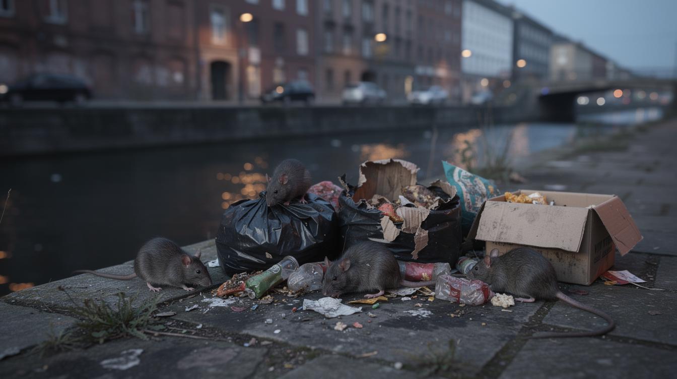 Tas de sacs-poubelle éventrés et cartons accumulés sur une berge de canal en ville, des rats fouillant parmi les déchets à la tombée de la nuit.