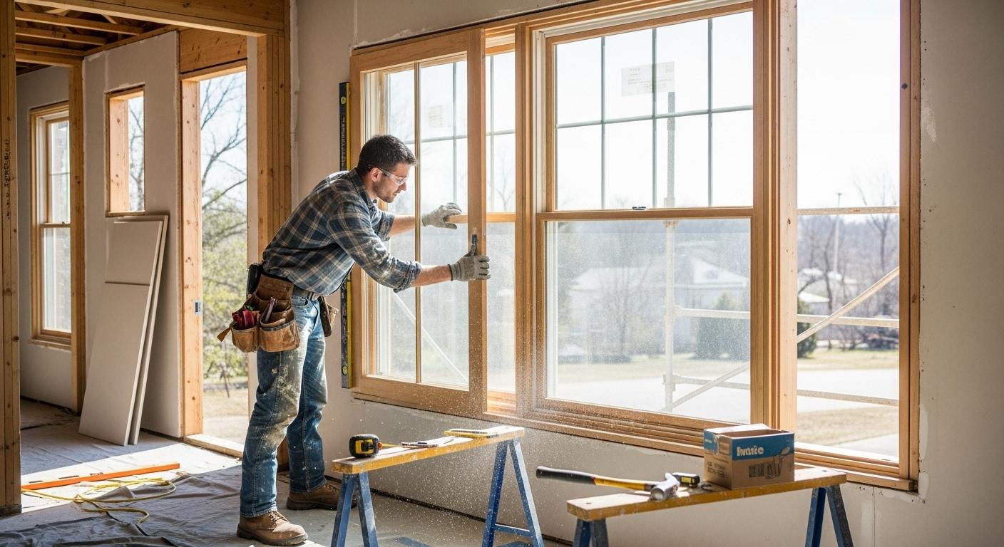 Un ouvrier pose une grande fenêtre en bois dans une maison en rénovation, concentré sur les ajustements, tandis que la lumière du jour éclaire la pièce en transformation.