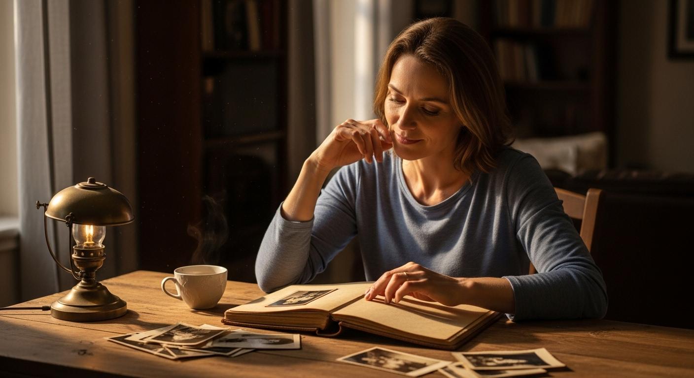 Une femme seule regarde un album photo ancien sur une table en bois, un sourire mélancolique sur le visage, entourée d’une lumière douce de fin d’après-midi.