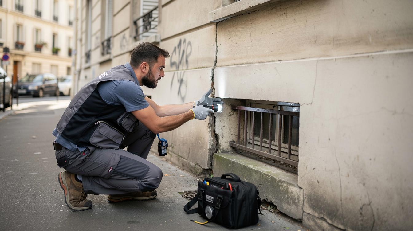 Un agent de dératisation inspecte minutieusement le bas d'un immeuble aux Lilas, torche à la main, vérifiant une fissure près d'un soupirail, ambiance réaliste et urbaine en plein jour.