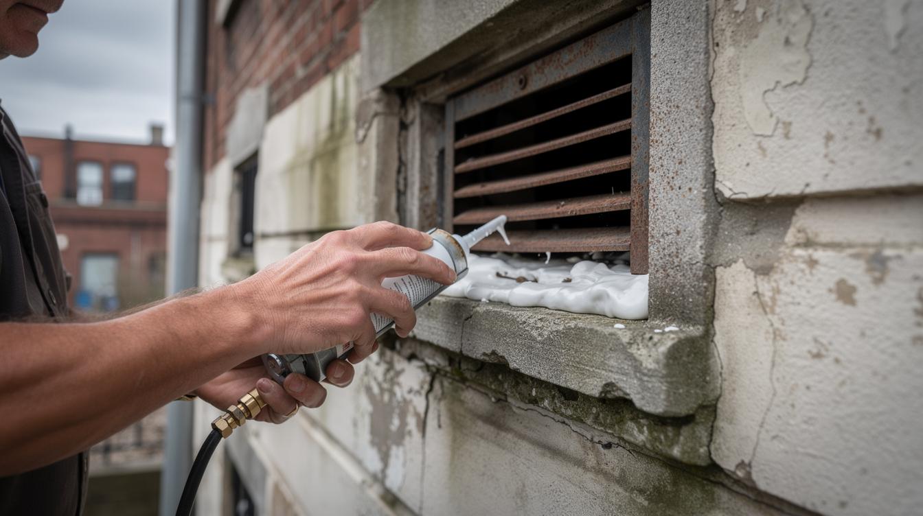 Un propriétaire applique consciencieusement du mastic autour d'un soupirail en béton, renforçant la grille d'aération vétuste sur la façade d'une maison en ville, sous un ciel gris, afin de bloquer l'accès aux rongeurs.