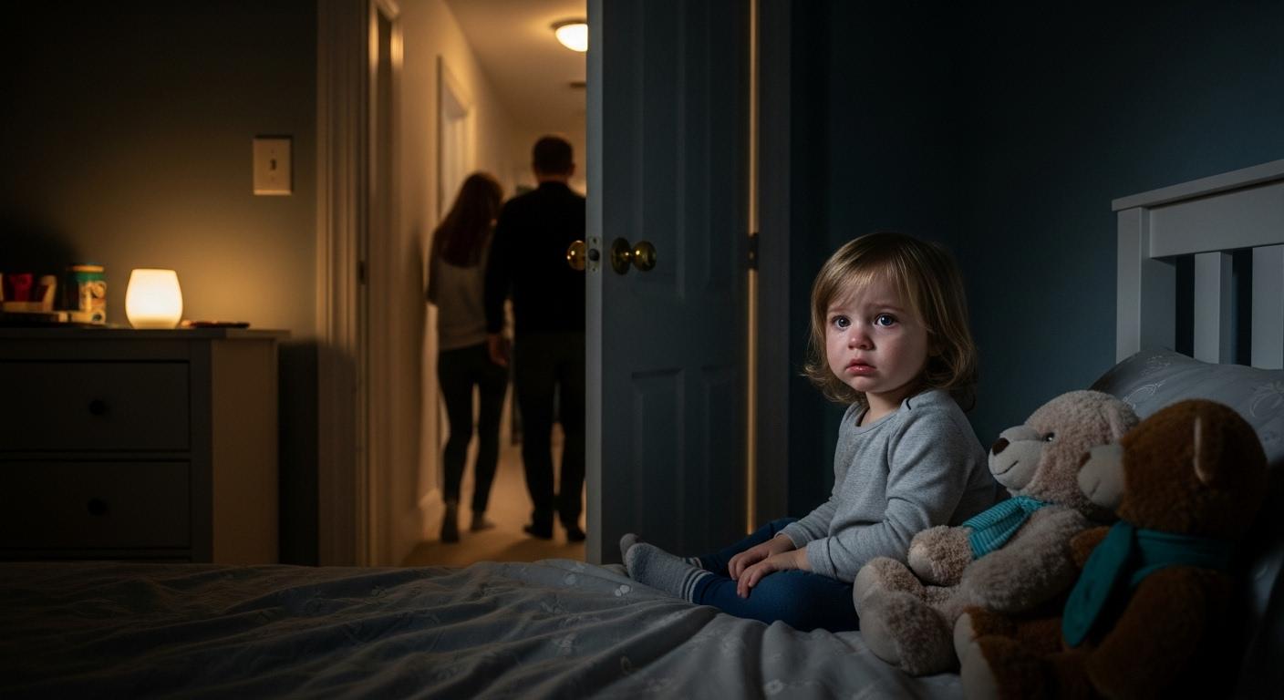 Un enfant de deux ans assis sur son lit dans une chambre tamisée, regardant par la porte entrouverte d’où ses parents s’éloignent, l’expression inquiète et les yeux humides, tandis qu’une veilleuse diffuse une lumière douce sur ses peluches.